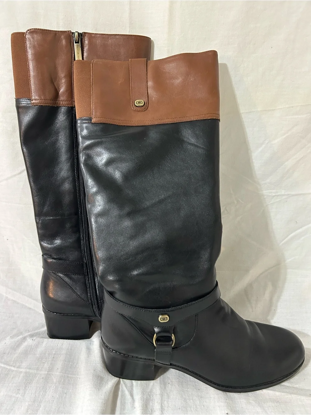 Bandolino Calliope Black Cognac Leather Tall Riding Boots Buckle Zip Sz 7.5